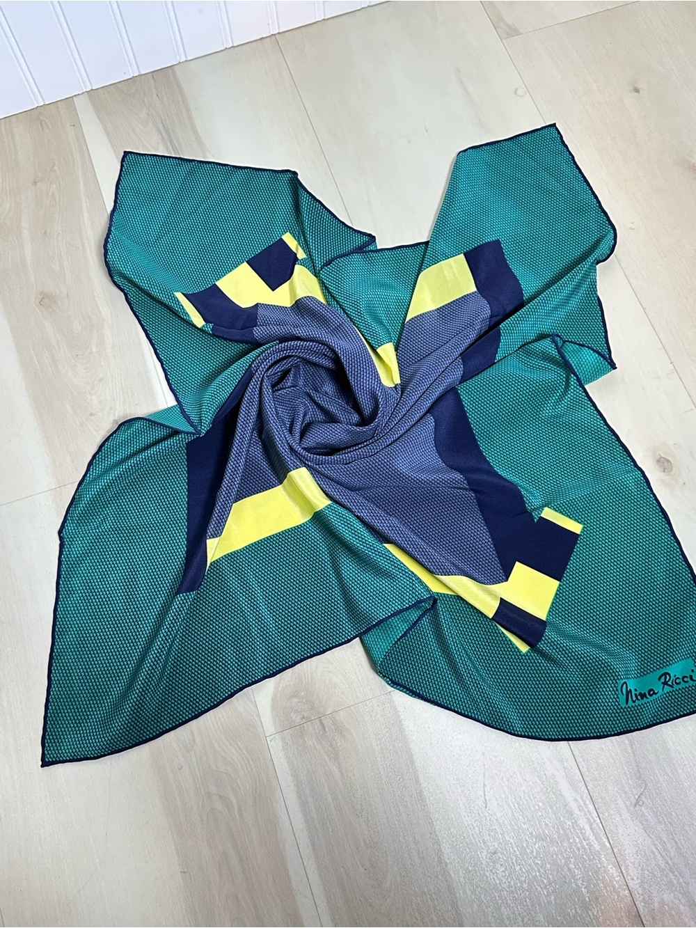 Nina Ricci Teal, Navy & Yellow Graphic Square Silk Scarf Italy 30x30 - Picture 6 of 7